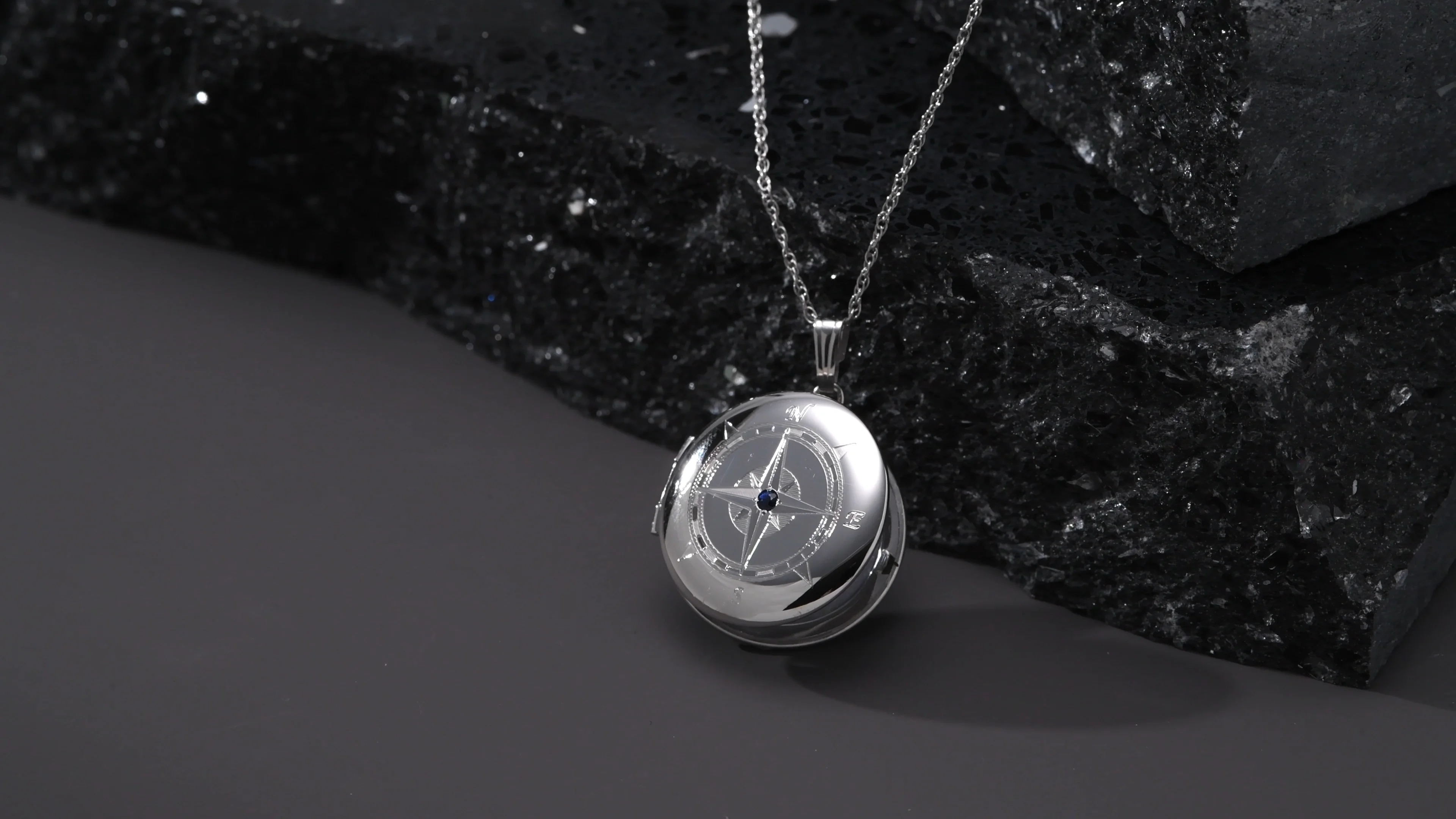 Sterling Silver Compass Locket Necklace with Single Sapphire 