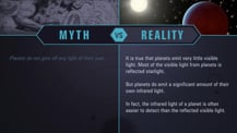 A simple chart with two columns, each with a header image: a mythical drawing on the left and an artist's concept of an exoplanet and its star on the right. The "Myth vs. Reality" logo appears toward the chart's top, with "Myth" positioned at the top of the left column, and "Reality" positioned at the top of the right column. Both columns have text.