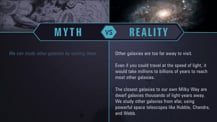 A simple chart with two columns, each with a header image: a mythical drawing on the left and an image of a galaxy on the right. The "Myth vs. Reality" logo appears toward the chart's top, with "Myth" positioned at the top of the left column, and "Reality" positioned at the top of the right column. Both columns have text.