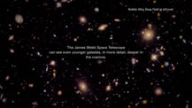 Infrared image of the Hubble Ultra Deep Field. Text in the top right corner reads "Hubble Ultra Deep Field in Infrared." Text in the center reads "The James Webb Space Telescope can see even younger galaxies, in more detail, deeper in the cosmos."