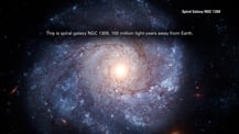 Image of NGC 1309. Text in the top right corner reads "Spiral Galaxy NGC 1309." Text toward the top reads "This is spiral galaxy NGC 1309, 100 million light-years away from Earth."