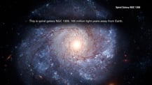 Image of NGC 1309. Text in the top right corner reads "Spiral Galaxy NGC 1309." Text toward the top reads "This is spiral galaxy NGC 1309, 100 million light-years away from Earth."