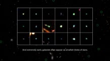 A grid-like collage of early galaxies. Text toward the bottom reads "And extremely early galaxies often appear as smallish blobs of stars."