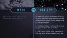 A simple chart with two columns, each with a header image: a mythical drawing on the left and an image of a field of stars and galaxies on the right. The "Myth vs. Reality" logo appears toward the chart's top, with "Myth" positioned at the top of the left column, and "Reality" positioned at the top of the right column. Both columns have text.