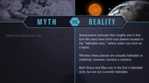 A simple chart with two columns, each with a header image: a mythical drawing on the left and an artist's concept of the Sun and Earth on the right. The "Myth vs. Reality" logo appears toward the chart's top, with "Myth" positioned at the top of the left column, and "Reality" positioned at the top of the right column. Both columns have text.