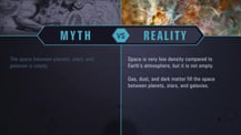 A simple chart with two columns, each with a header image: a mythical drawing on the left and an image of the Carina Nebula on the right. The "Myth vs. Reality" logo appears toward the chart's top, with "Myth" positioned at the top of the left column, and "Reality" positioned at the top of the right column. Both columns have text.