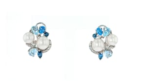 6.5-8mm Cultured Pearl and 3.20 ct. t.w. Multi-Stone Cluster Earrings in Sterling Silver