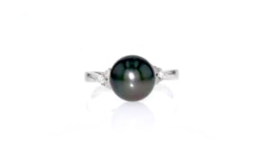 9-9.5mm Black Cultured Tahitian Pearl and .13 ct. t.w. Diamond Ring in Sterling Silver