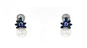 9-9.5mm Cultured Pearl, 1.66 ct. t.w. Sapphire and .13 ct. t.w. Diamond Flower Drop Earrings in 14kt White Gold