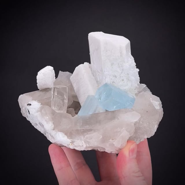 large Aquamarine with Topaz on Feldspar with Quartz