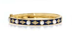4.5-5mm Cultured Pearl Bangle Bracelet with Diamond Accents and Blue Enamel in 18kt Gold Over Sterling
