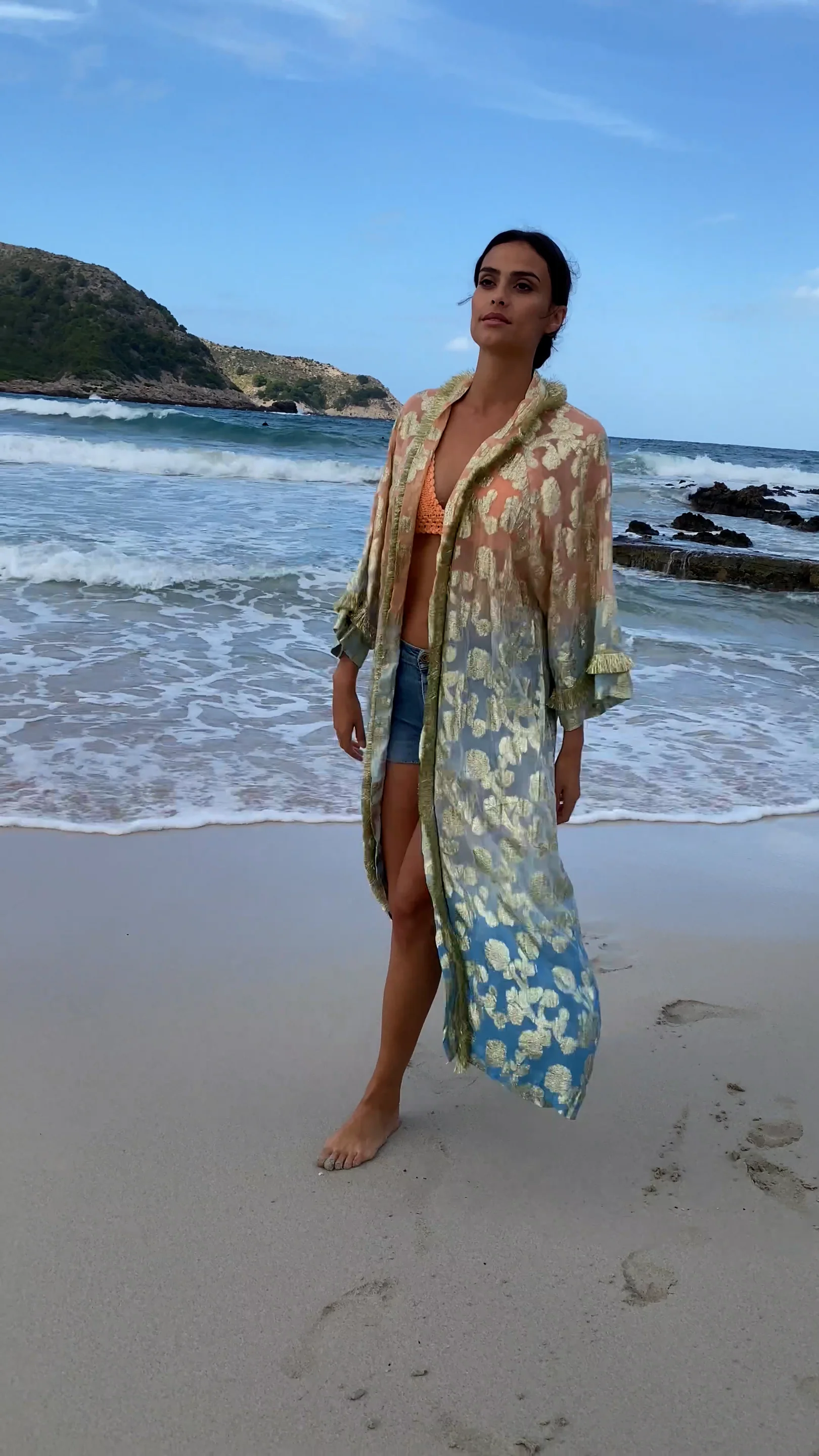 amateras Elegant Kimono Long Coat / 蜂蜜色 手毬松竹梅・Irouchikake 