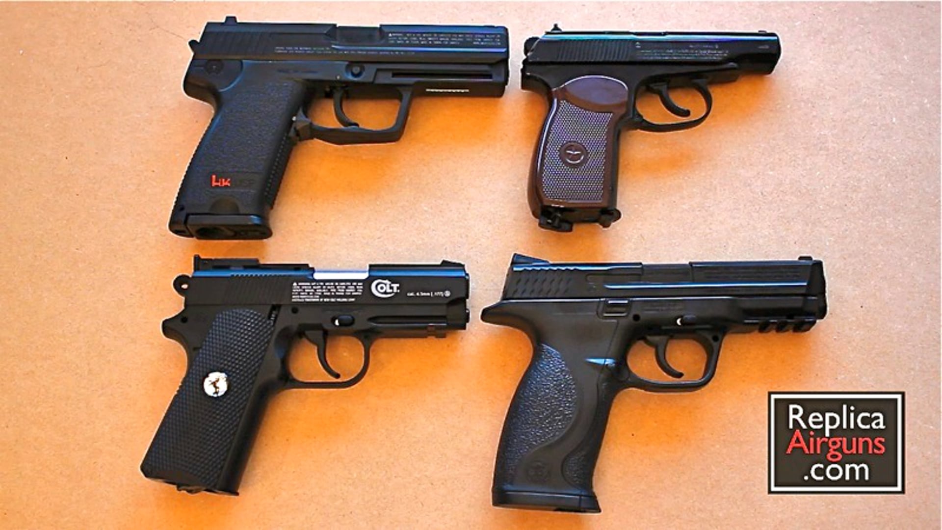 COLT DEFENDER H&K USP S&W M&P MAKAROV REPLICA BB GUNS COMPARISON