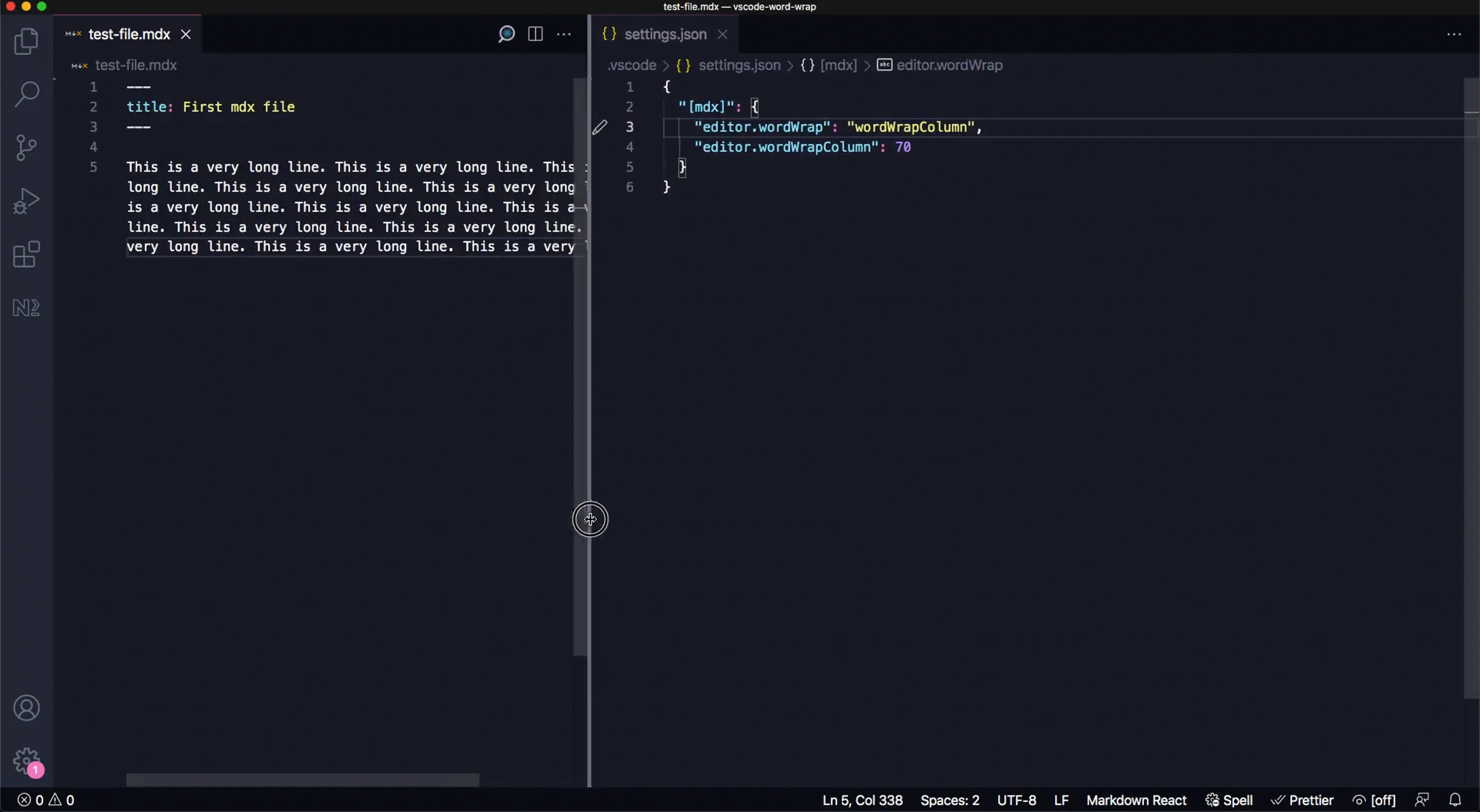 Video showing difference between wordWrapColumn and bounded wrapping in VS Code