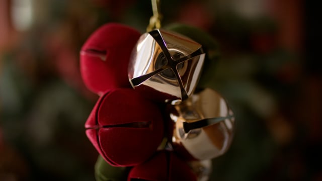 Holiday jingle bells decorations hung for the Christmas season. 