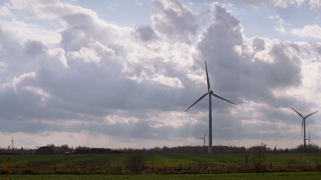 Dense fluffy clouds float high above a field of green technology in the form of windmills. 