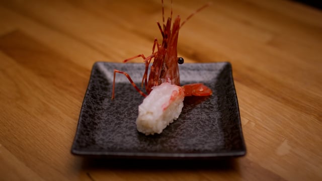 Shrimp Ebi nigiri. Authentic Japanese sushi is prepared by an expert chef. 