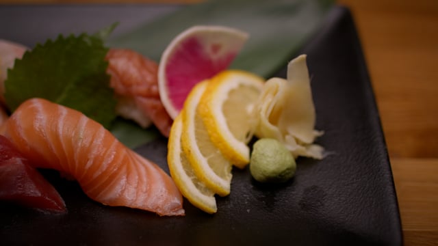 Salmon Nigiri. Authentic Japanese sushi is prepared by an expert chef. 