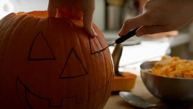 Pumpkin being prepared for carving for Halloween. 