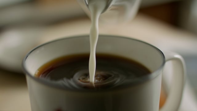 Cream pouring into black morning coffee. 