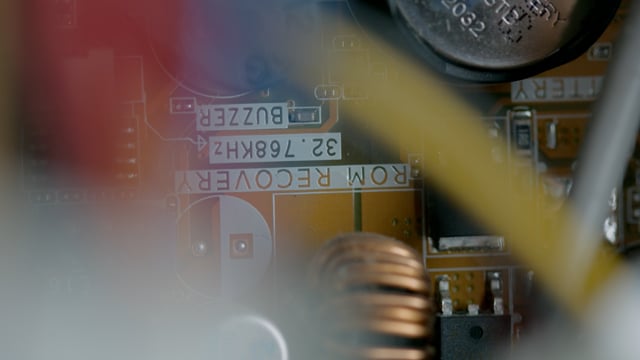 Computer microchip and motherboard closeup footage. High-tech technology.