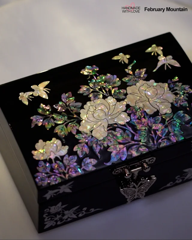 February Mountain Mother of Pearl Small Jewelry Box - Crane Design