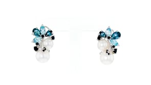 6-8.5mm Cultured Pearl and 2.00 ct. t.w. Sky Blue Topaz and London Blue Topaz Earrings with .10 ct. t.w. Sapphires in Sterling S