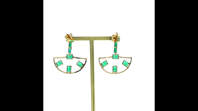 Brinco Leque em Ouro Amarelo com Cristal Verde e Safira Branca - Coleção Victória Zanon