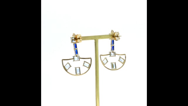 Brinco Leque em Ouro Amarelo com Topázio Natural e Safira Fusion - Coleção Victória Zanon