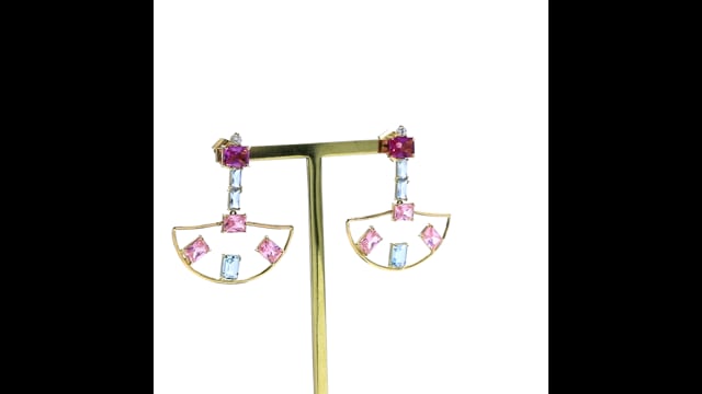 Brinco Leque em Ouro Amarelo com Topázio Natural, Cristal Rosa e Safira Fusion - Coleção Victória Zanon