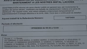 Tall de llum programat pel dilluns 7 al matí
