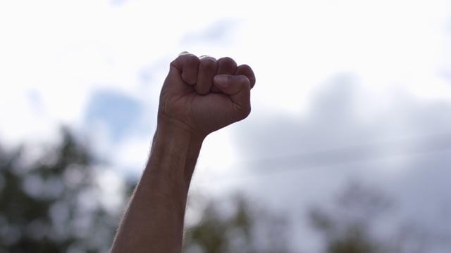 A clenched fist raised in the air as a political gesture and sign of protest, activism and solidarity. 