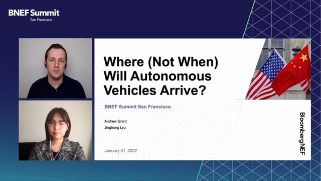 Watch "<h3>BNEF Debate: Where (Not When) Will Autonomous Vehicles Arrive? by Andrew Grant, Head of Intelligent Mobility, BloombergNEF & Jinghong Lyu, Associate, Intelligent Mobility, BloombergNEF</h3>"