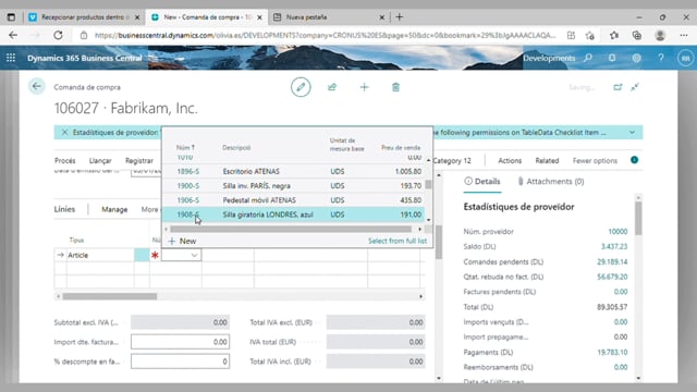 Recepcionar productes dins d'una comanda de compra