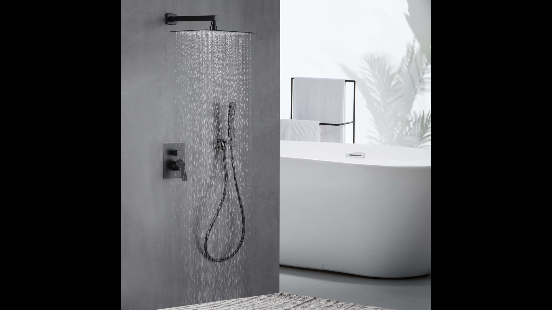 Wellfor Shower System with Rain Shower Head, Handheld Shower and Valve, Black, 12" Shower Head