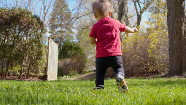 Young child learning to take first steps. Happy baby takes steps outside in the family backyard.