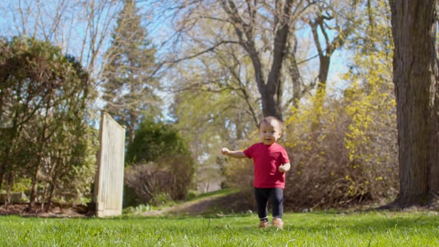 Young child learning to take first steps. Happy baby takes steps outside in the family backyard.