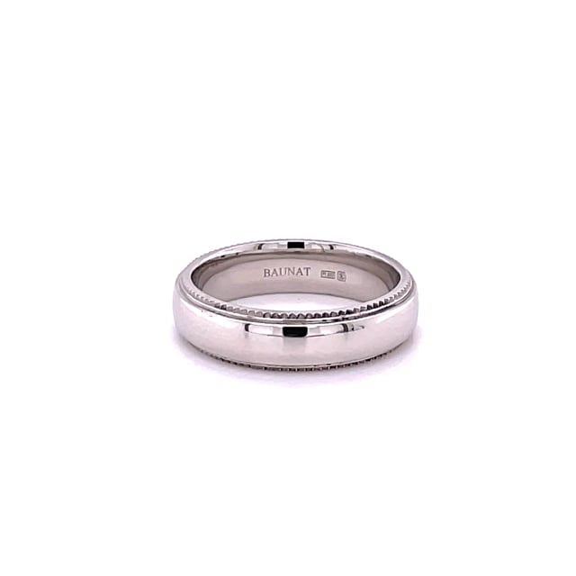 Wedding ring with a slightly domed surface of 6.00 mm in platinum with milgrain