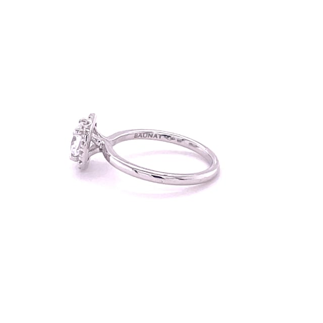 1.00 carat solitaire halo ring with a cushion diamond in white gold with round diamonds