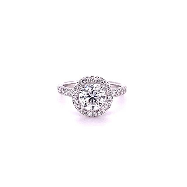 1.50 carat solitaire halo ring in platinum with round diamonds