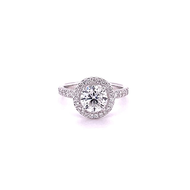 1.50 carat solitaire halo ring in white gold with round diamonds