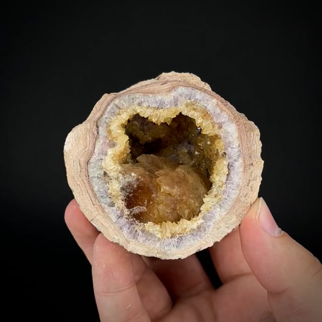 Calcite & Amethyst in Quartz geode (historic locale) ex Kidwell Coll.