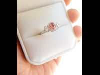 Padparadscha Sapphire Three Stone Halo Ring Emerald and Diamond Three Stone Ring