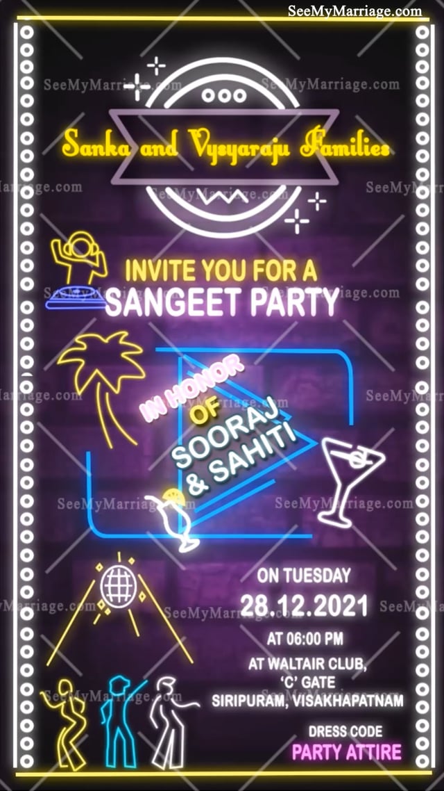 Disco Dance, Sangeet Party Invitation With Colorful Lights, Dj, Cocktail  Glasses, Purple Theme Background, Blinking Lights – SeeMyMarriage