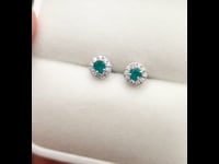 Colombian Emerald Diamond Halo Stud Earrings in 18K Gold 1982511