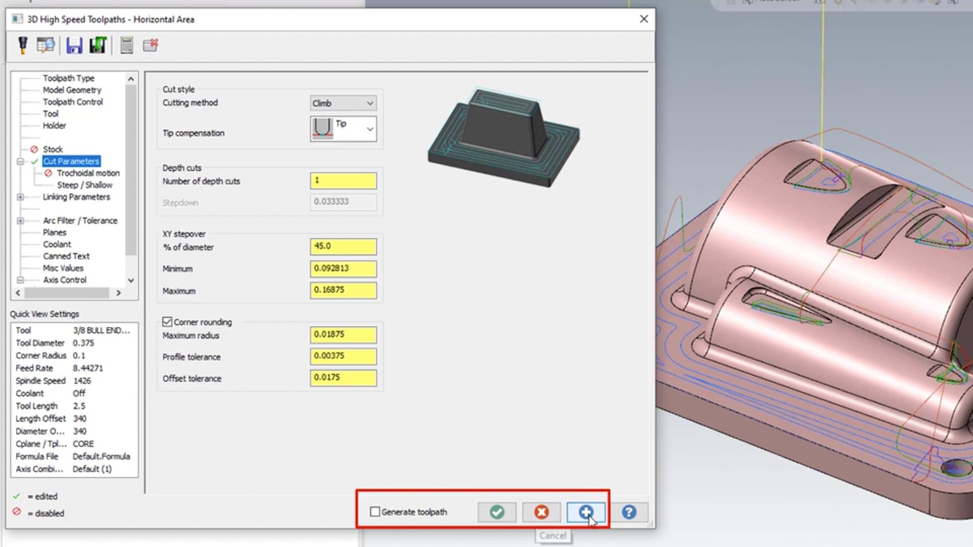 Toolpath parameters - OK, Cancel, Apply, and Generate toolpath