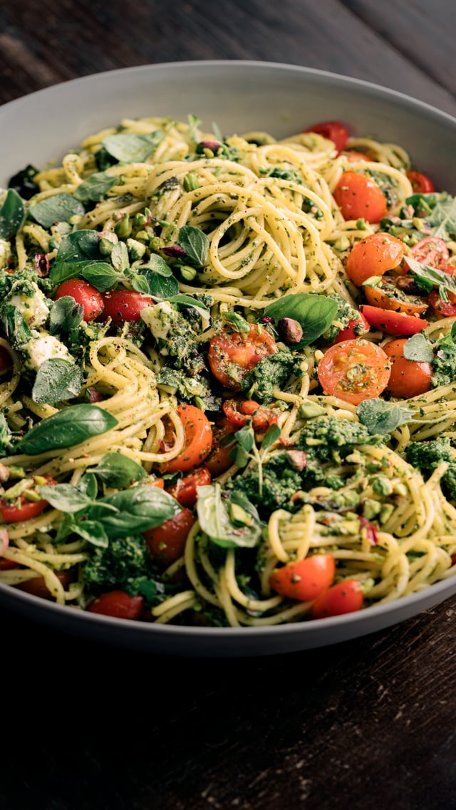 Basil, Oregano & Pistachio Pesto Spaghetti with Fresh Tomatoes, Feta &  Lemon | Gather & Feast - Recipes worth making