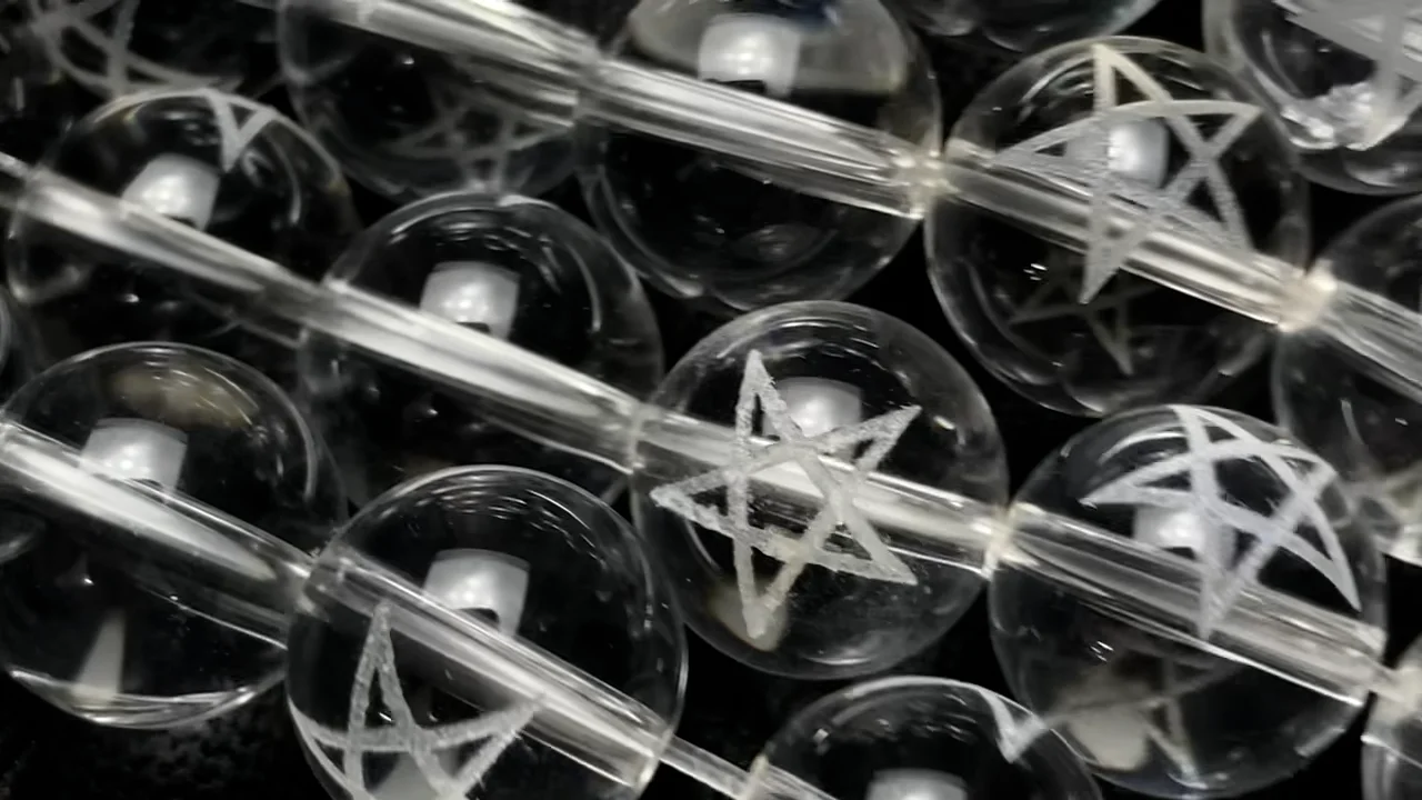 五芒星の彫刻入り！クリスタル ラウンド8mm・10mm・12mm 1連｜天然石