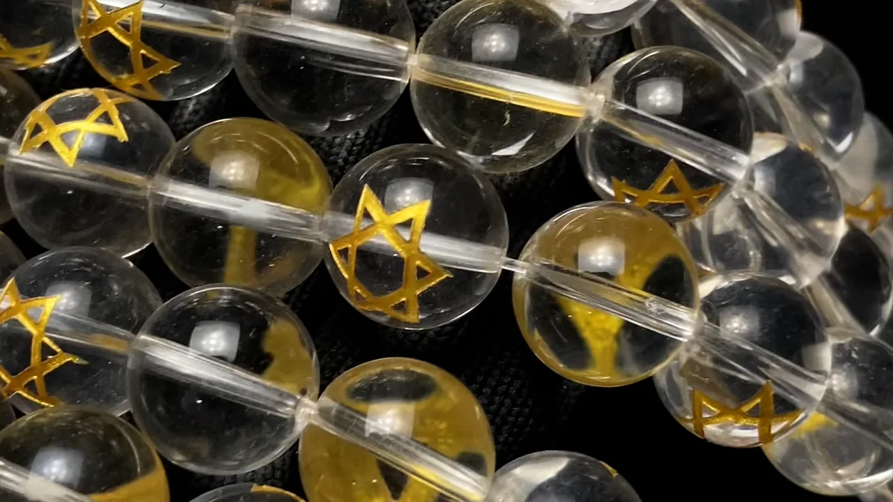 金色！六芒星の彫刻入り！クリスタル ラウンド8mm・10mm・12mm 1連（約