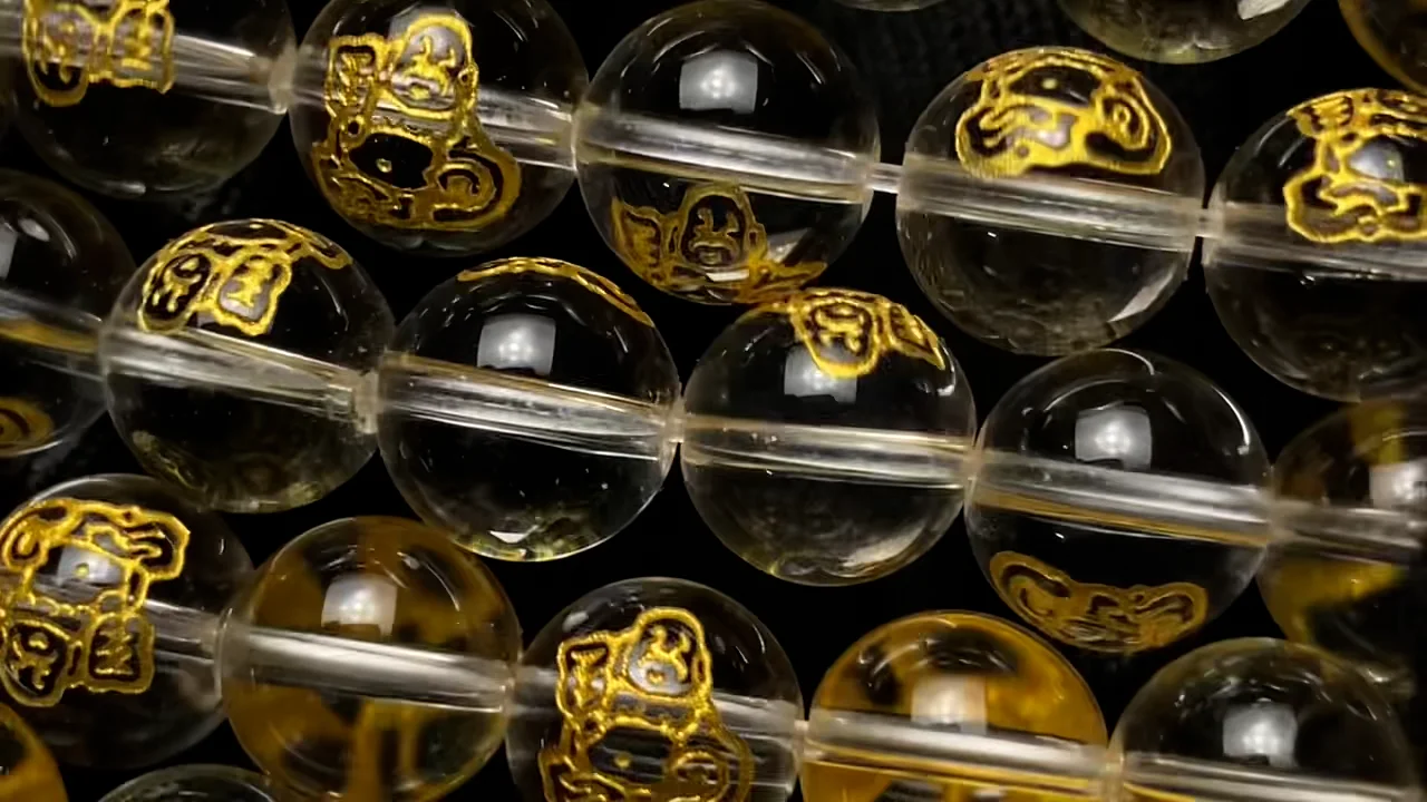 ヴィンテージ　金本造・根付・七福神・布袋　吉祥精密細工・天然素材　ハンドメイド 金色！七福神・布袋の彫刻入り！クリスタル ラウンド10mm・12mm・14mm